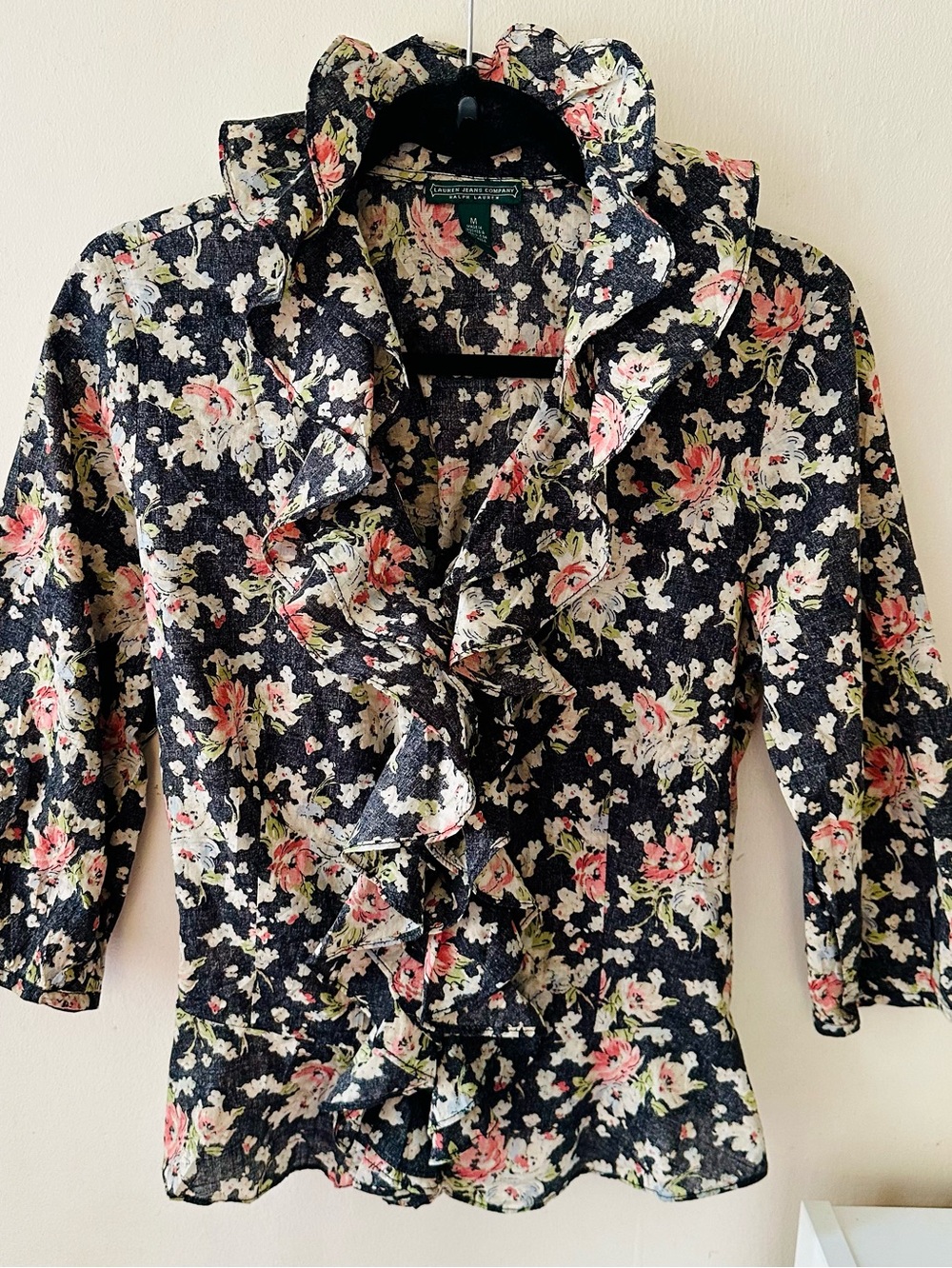 LRL Lauren Jeans Co. Black Floral Long Sleeve Ruffle V-Neck Blouse Sz M Western